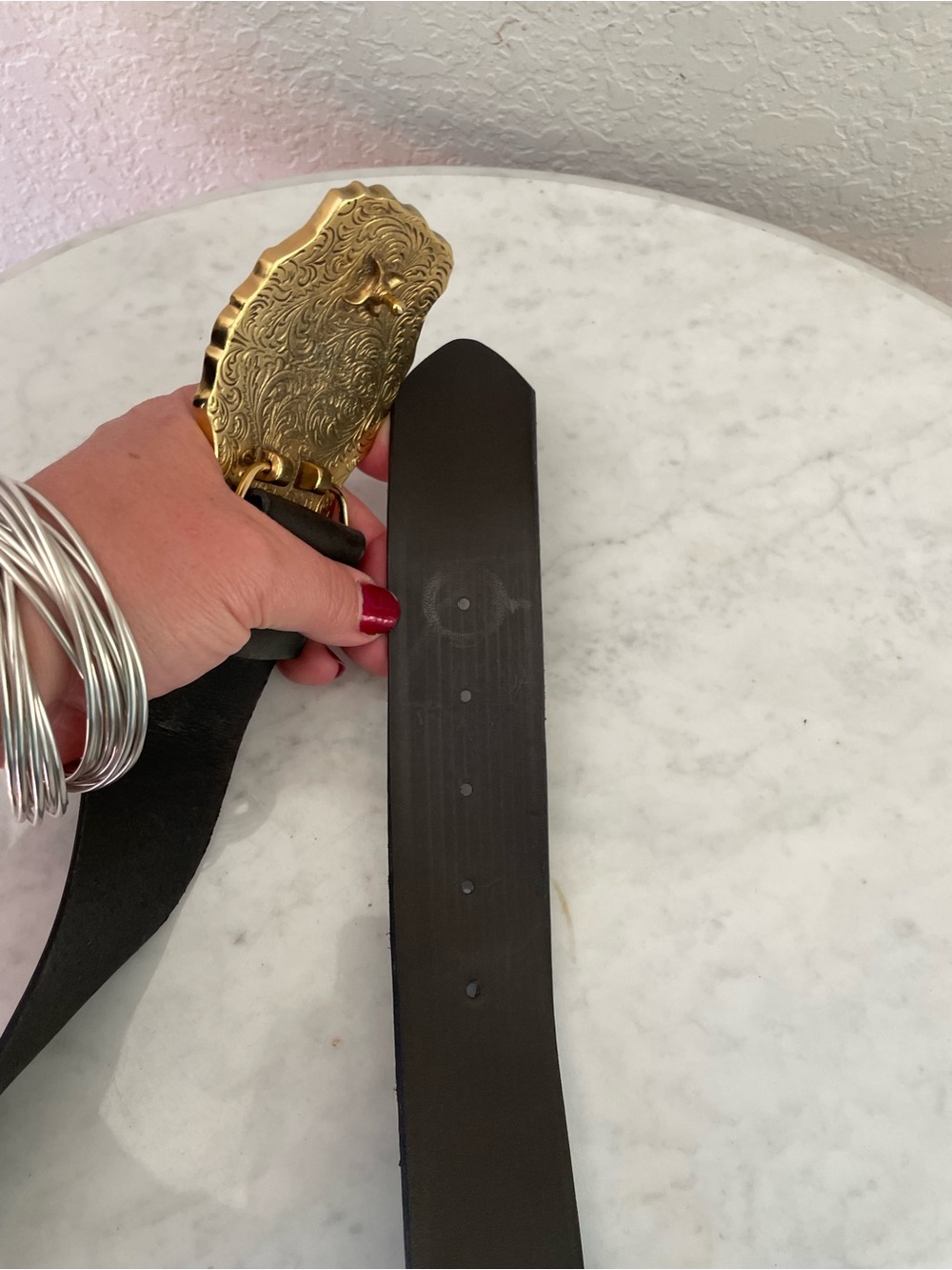 Ornate Gold Rhinestone Buckle Thick Black Belt Size 32 - Picture 3 of 7